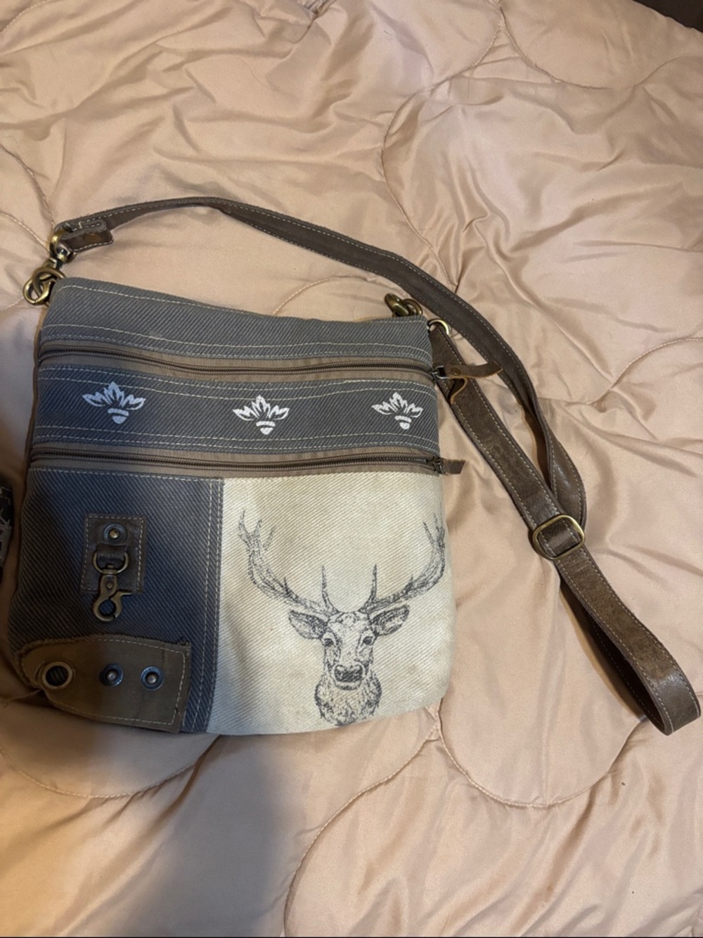 Canvas Crossbody Bag with Deer Print - Gray & Cream